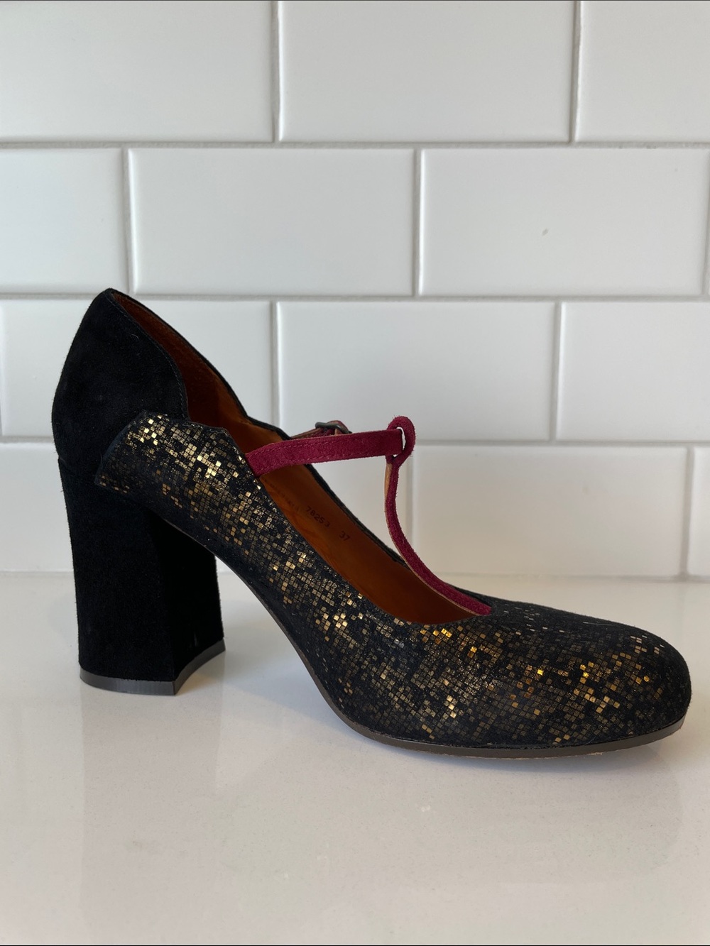 Chie Mihara Black Glitter Mary Jane Heels with Wine Pink Strap • Size 37 - Picture 9 of 16
